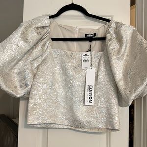 NWT Rachel Zoe x Express Metallic Jacquard Puff Sleeve Top Blouse Size 2 $108
